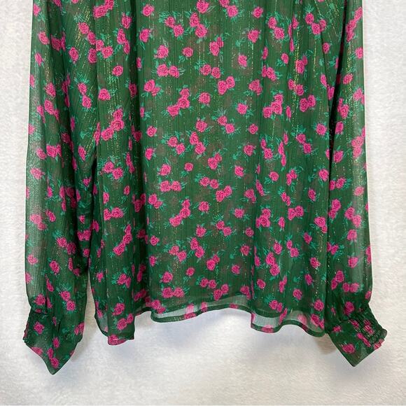ModCloth Green & Pink Floral‎ Metallic Sheer Long Sleeve Blouse Size M - Picture 3 of 8